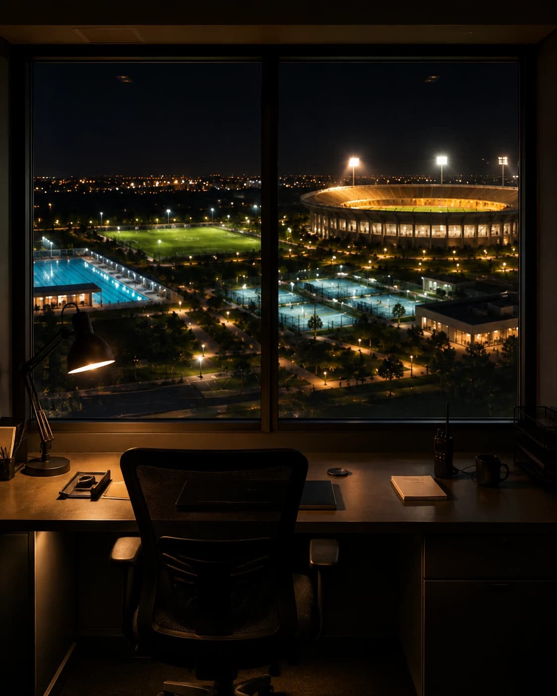 A darkened operations room at night, one desk lamp lit and the chair empty, overlooking a floodlit sports campus through the window