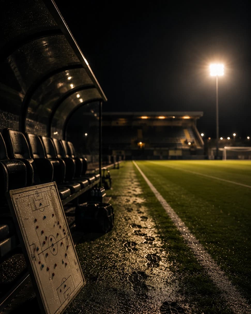 A floodlit pitch after rain at night — empty dugout benches, a tactics board leaning against them, and studded boot prints along the wet touchline