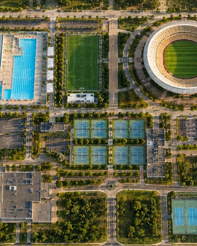 A sports estate from the air at golden hour — a stadium, a fifty-metre pool, football pitches and a tennis block laid out across one campus