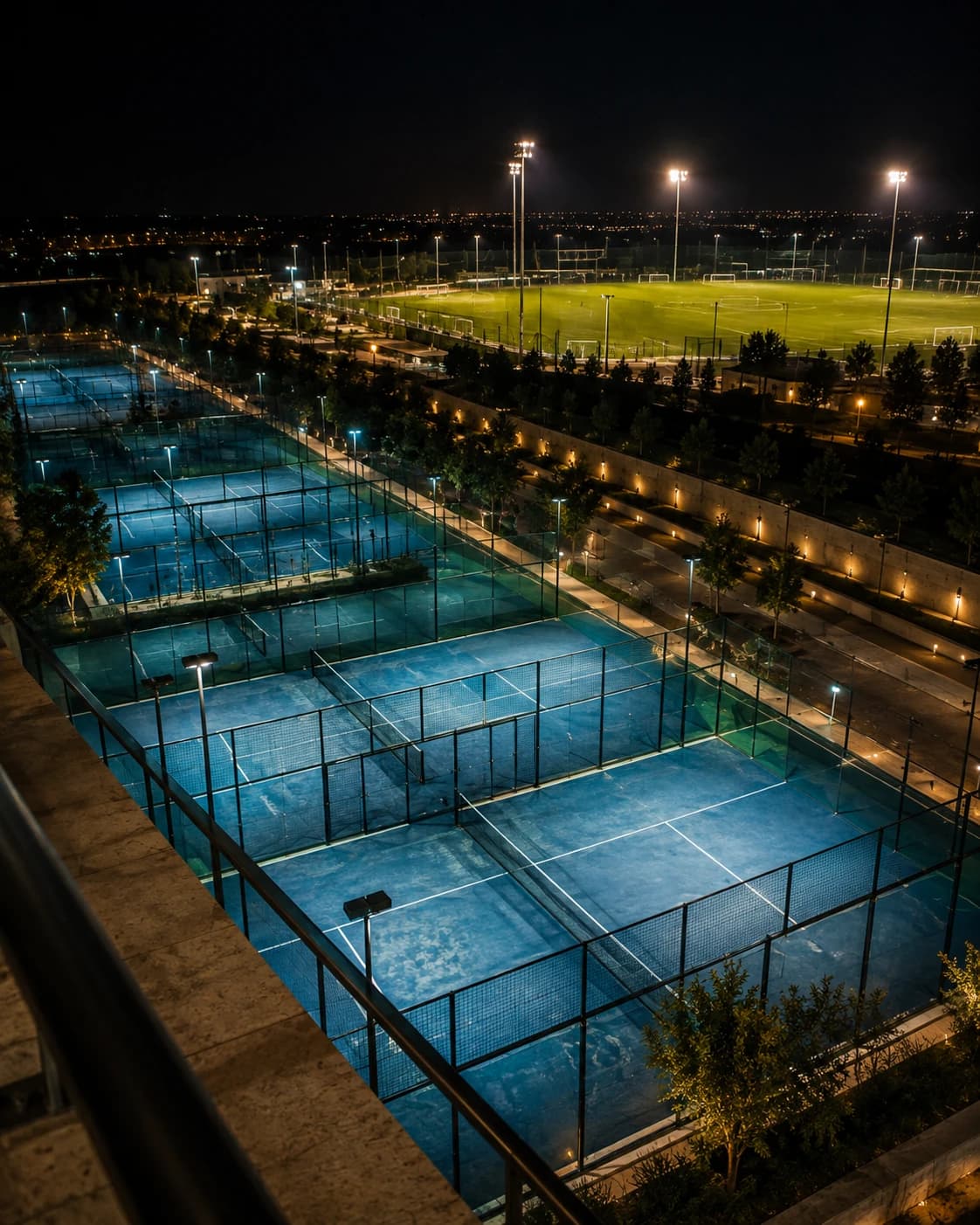 An elevated terrace view at night over a lit padel and tennis court complex, with a floodlit football pitch beyond it connected by a lit walkway.