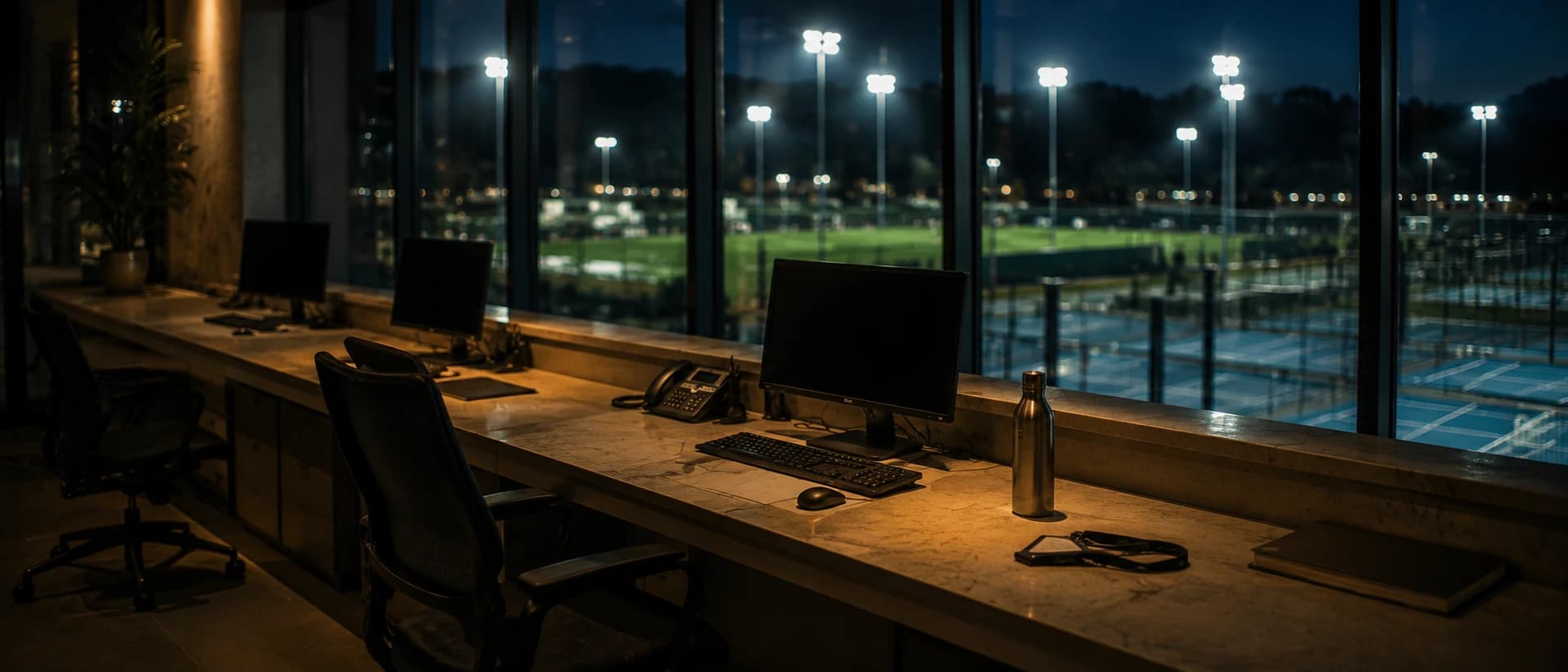 The operations desk at a sports campus after closing: dark monitors and a lanyard left on the counter, the floodlit pitches and courts still lit through the window.