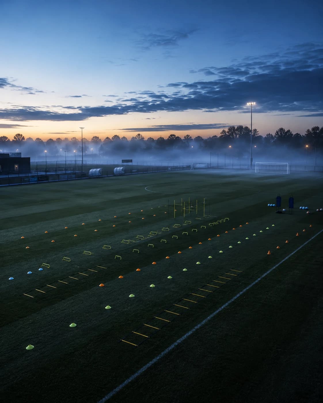 A training ground at misty dawn — cones, ladders and hurdles laid out in exact rows across the grass, sunrise breaking behind the treeline